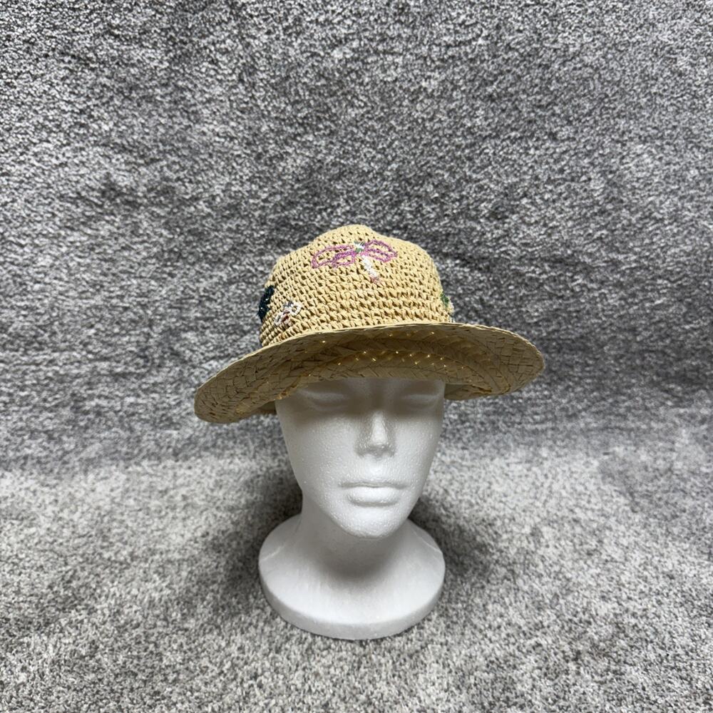 Vintage Y2K August Paper Straw Sun Hat Beaded Dragonflies Beachy Boho Chic